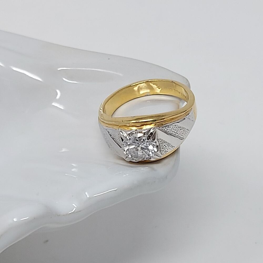 Men's Ring Sz 12.75 Mixed Metal Clear Faux Stone Lind Marked 14K H.G.E. UNTESTED
